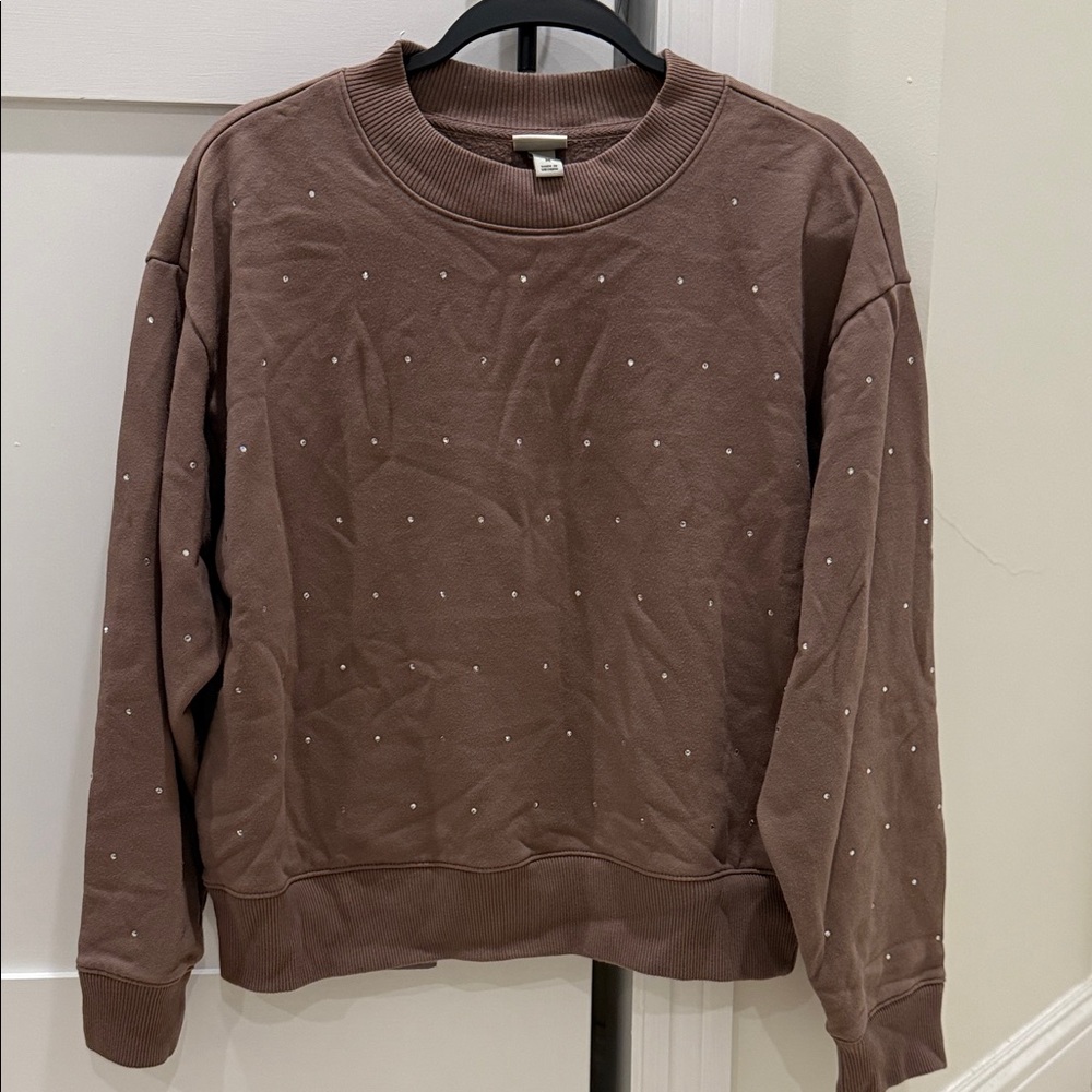 a new day Brown Crewneck Sweater with rhinestone Design